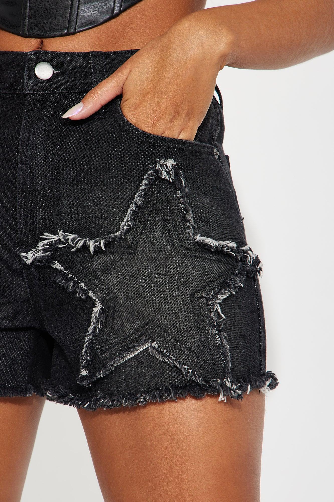 Burning Bright Star Patch Denim Shorts - Black Wash Product Image