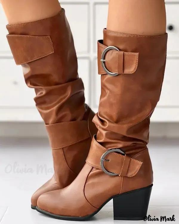 Olivia Mark – Buckle Chunky Heel Gathered Mid-Calf Boots Product Image