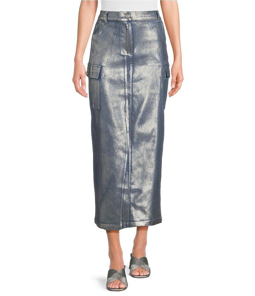 Skies Are Blue Metal Foil Denim Cargo Midi Skirt Product Image