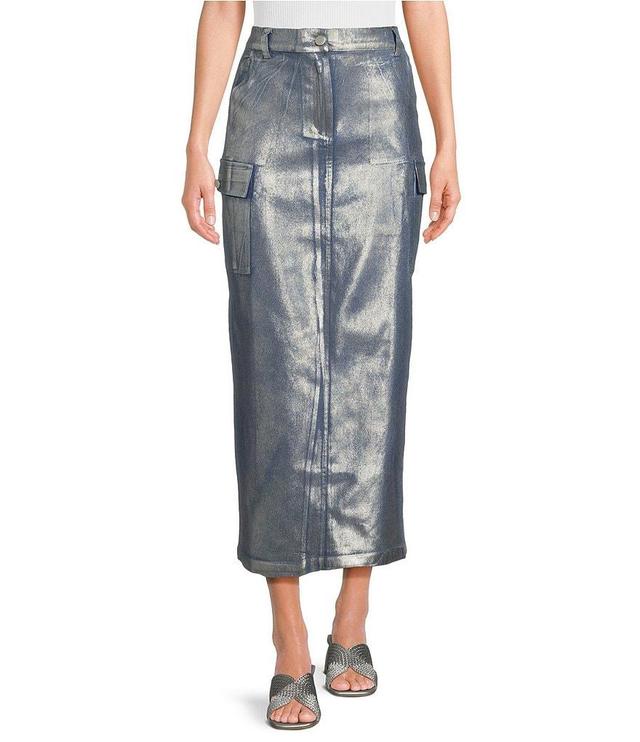 Skies Are Blue Metal Foil Denim Cargo Maxi Skirt Product Image