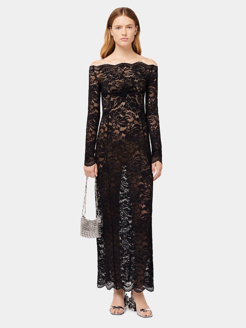 Long Black lace dress with bardot collar Product Image