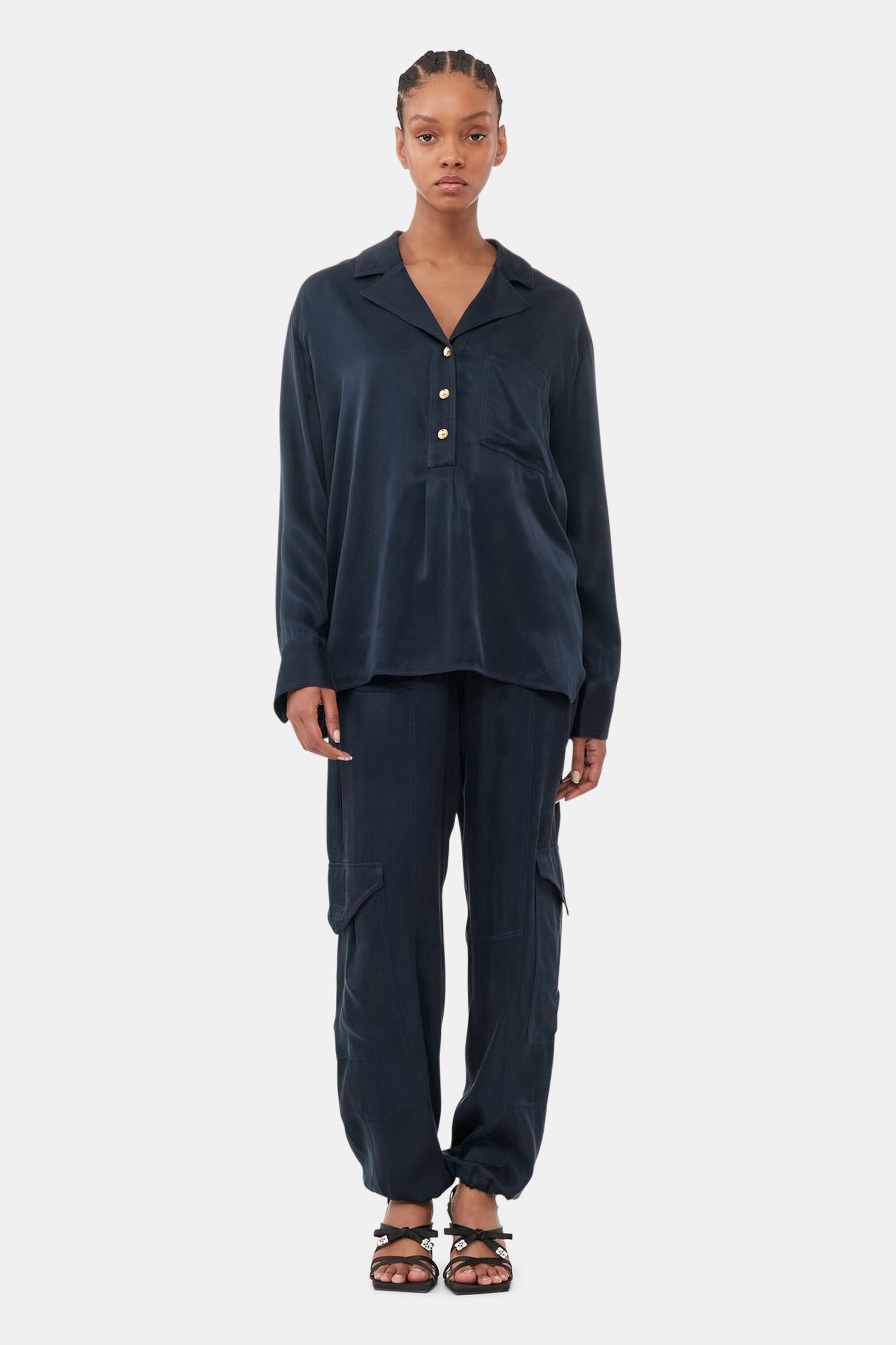 Blue Washed Satin Trousers Product Image