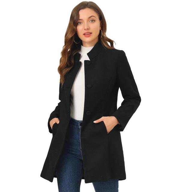 Allegra K Women's Winter Stand Collar Single Breasted Mid-thigh Long Overcoat Black Small Product Image