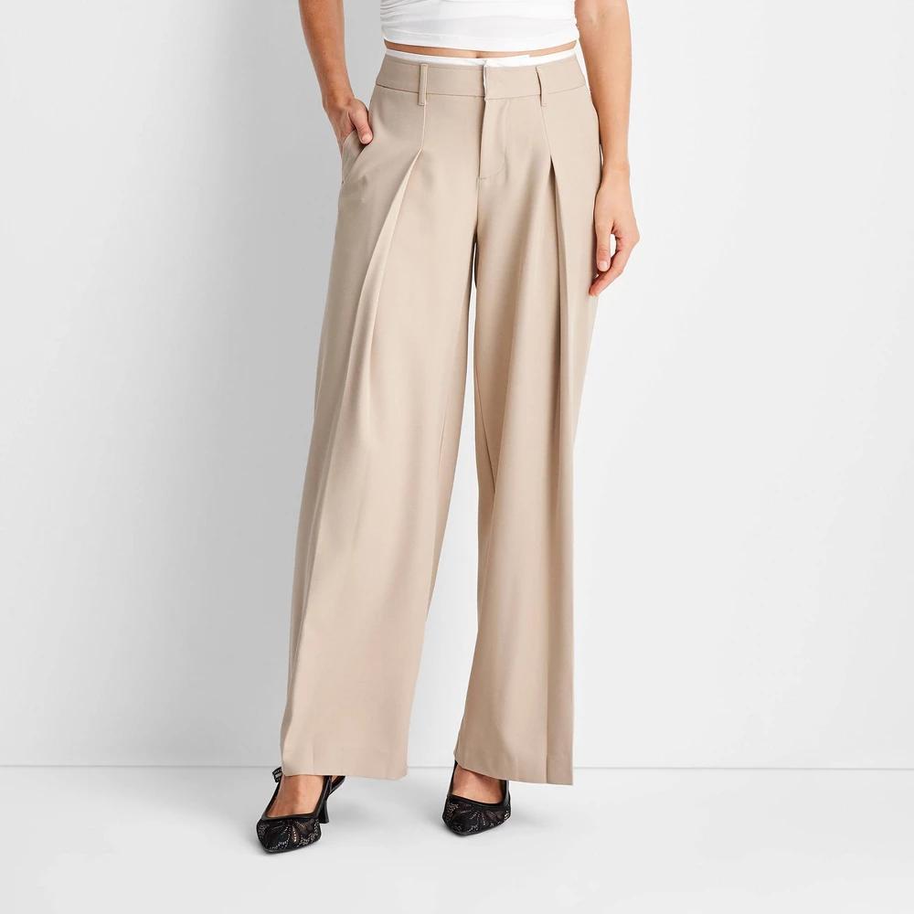 Womens Mid-Rise Wide Leg Contrast Waistband Trousers - Future Collective Khaki XXS Product Image