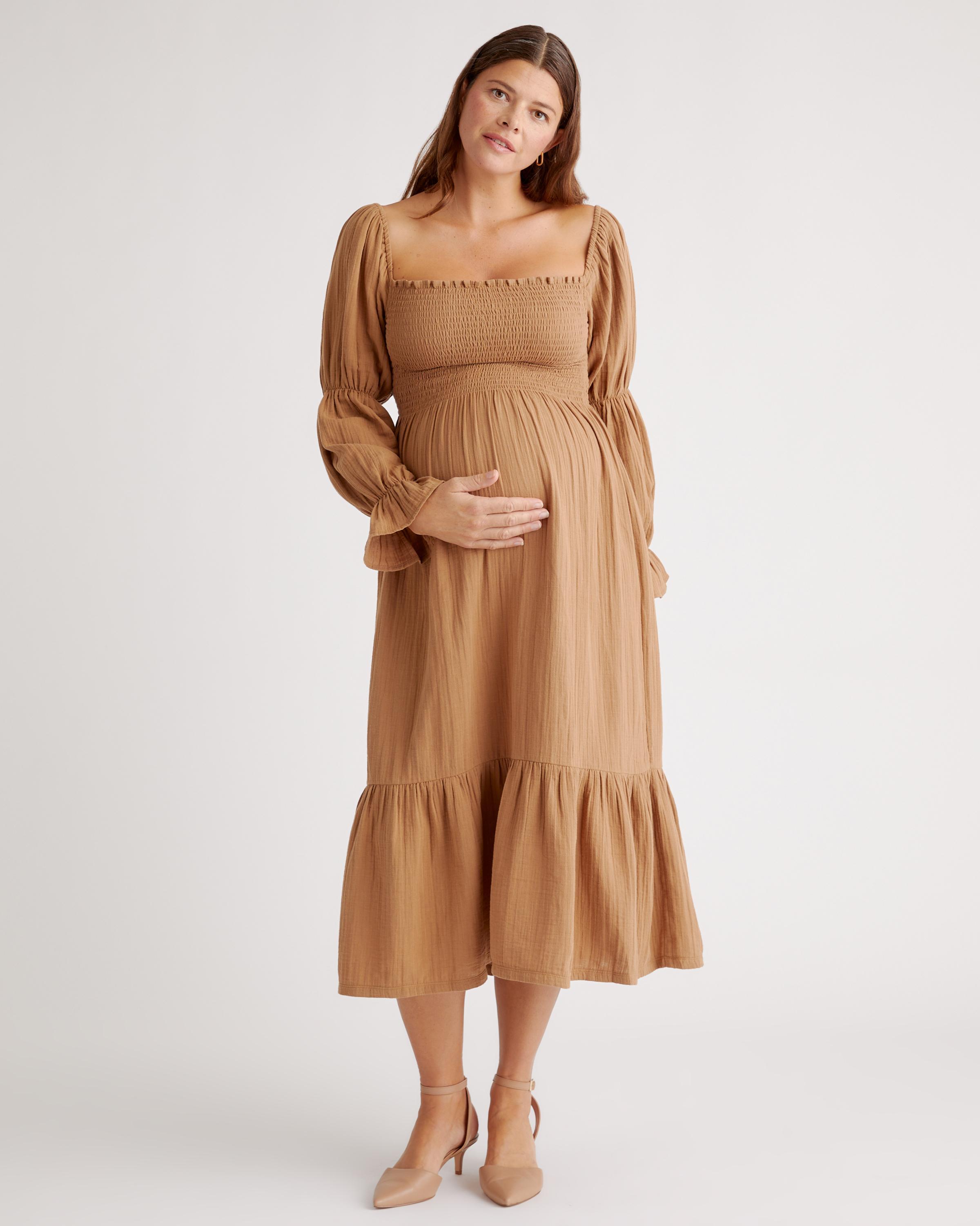 Organic Cotton Gauze Maternity Smocked Ruffle Hem Midi Dress Product Image