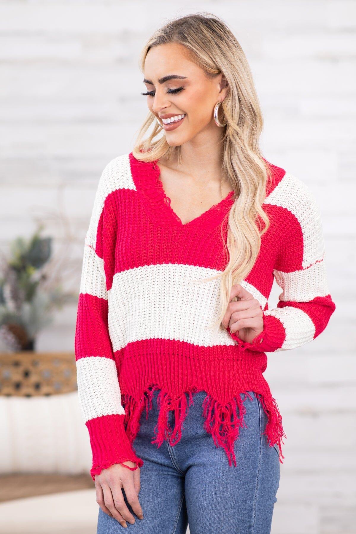 Raspberry and Ivory Fringe Hem Stripe Sweater Product Image