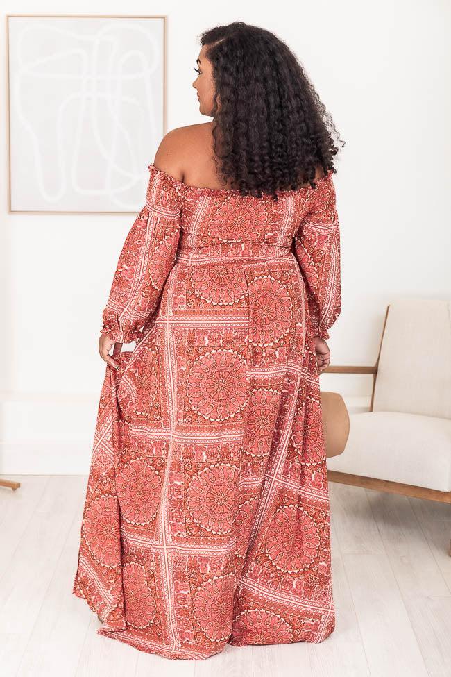 Sounds In My Mind Brick Smocked Bust Off The Shoulder Printed Maxi Dress Product Image