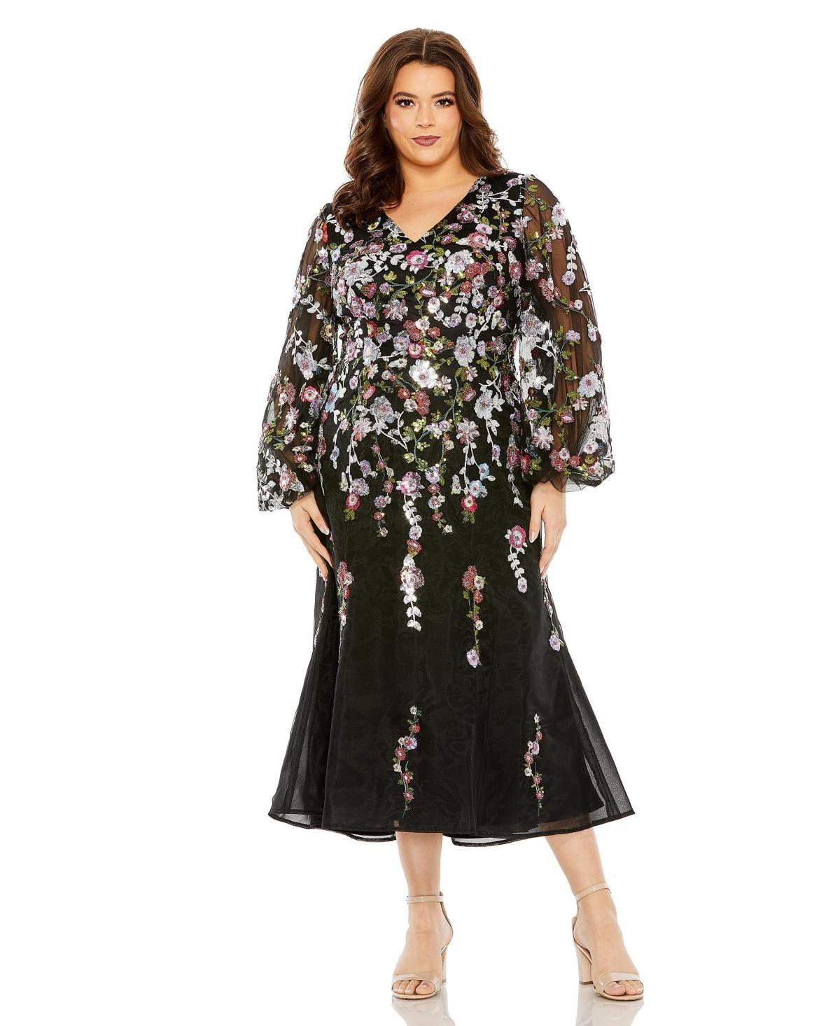 Mac Duggal Womens Plus Size Puff Sleeve Embellished A Line Dress Product Image