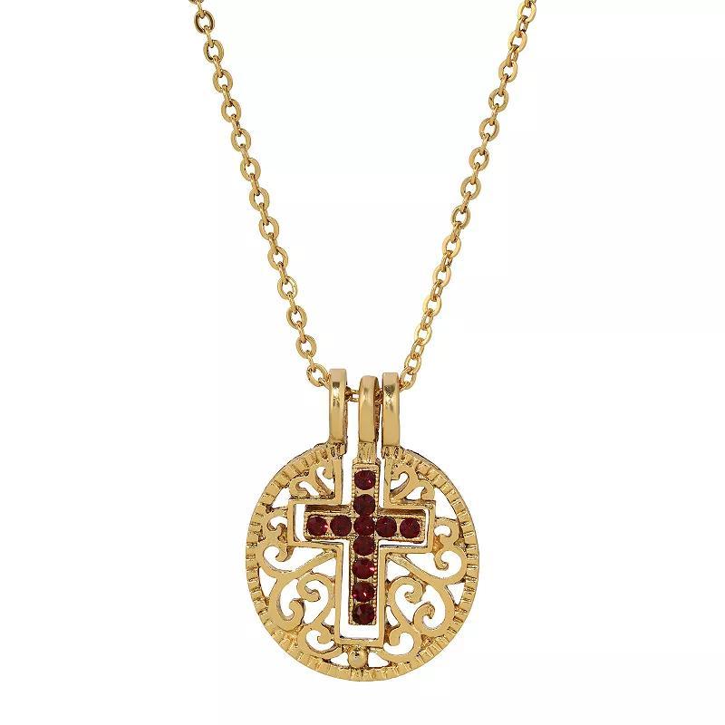 1928 Gold Tone Birthstone Crystal Cross Pendant Necklace, Womens, Red Product Image