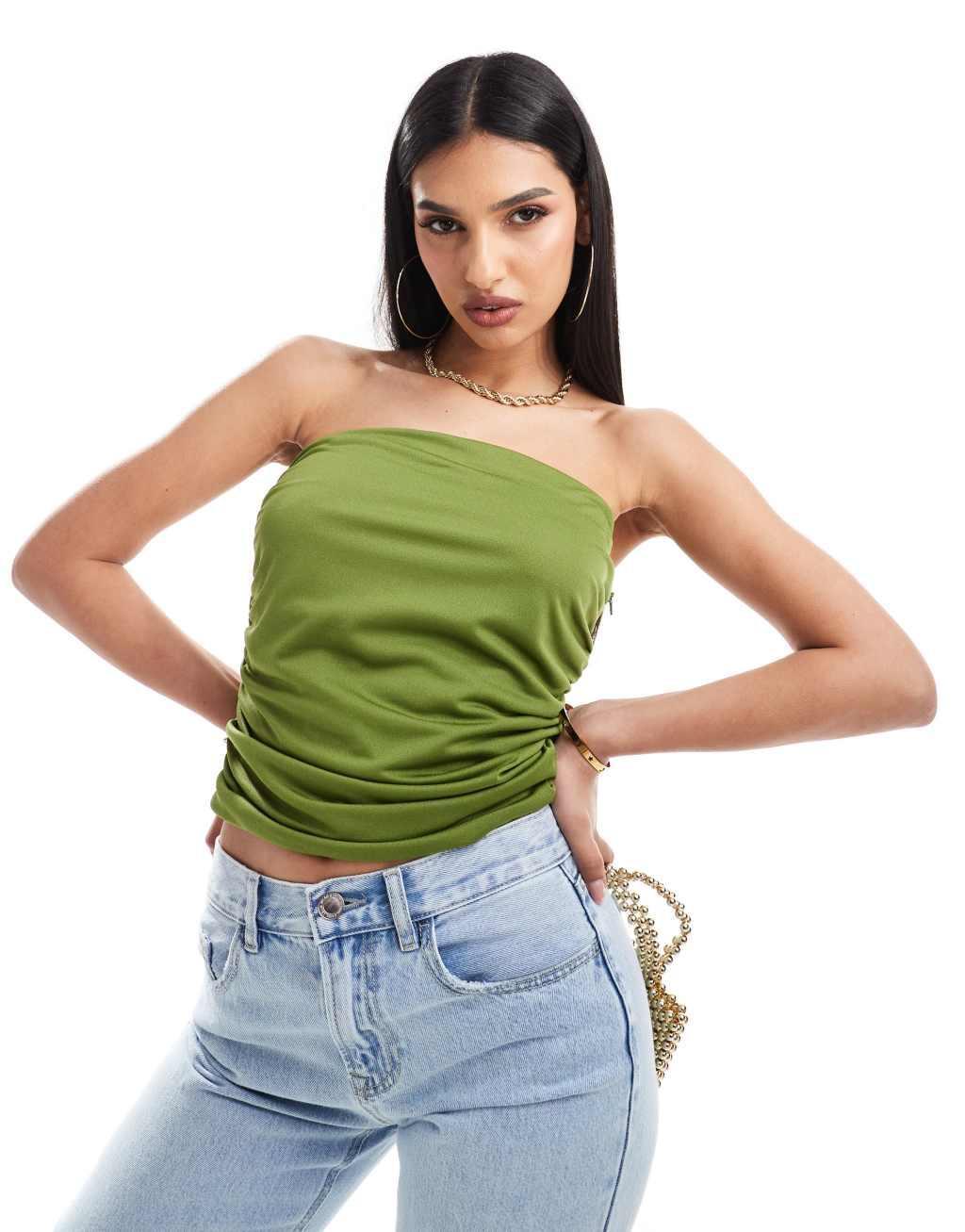 ASOS DESIGN ruched bandeau top in olive product image