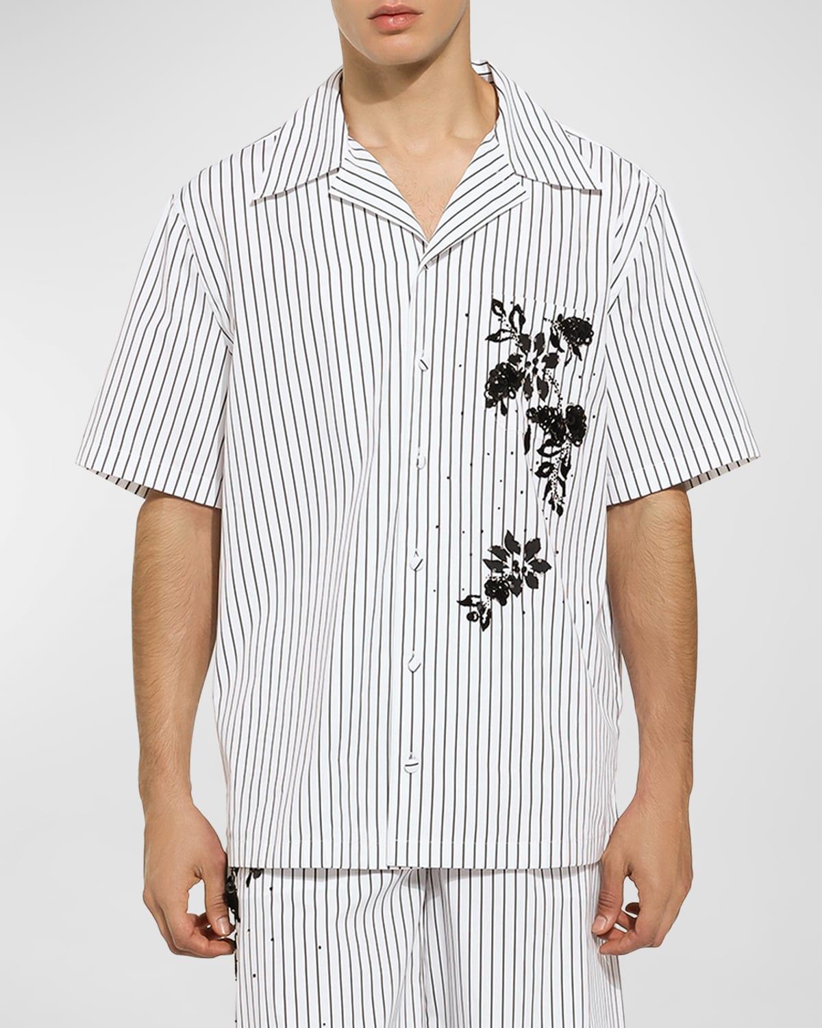 Mens Pinstriped & Sequin-Embellished Floral Cotton Button-Front Shirt Product Image