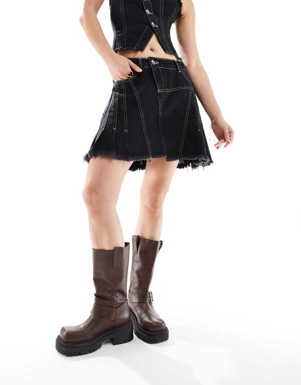 COLLUSION asymmetric denim contrast seam festival skirt in black - part of a set	 Product Image