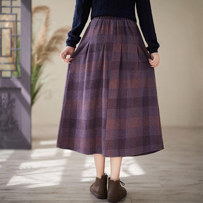 Elastic Waist Plaid Midi A-Line Skirt Product Image