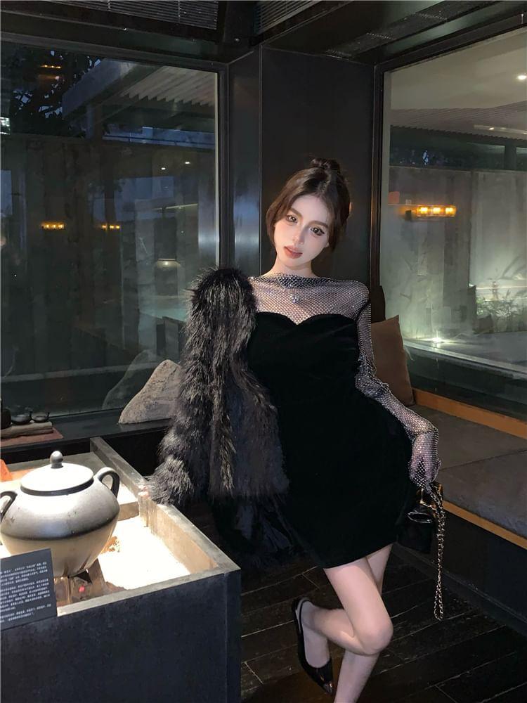 Long Sleeve Boat Neck Mesh Panel Rhinestone Velvet Bodycon Mini Dress Product Image