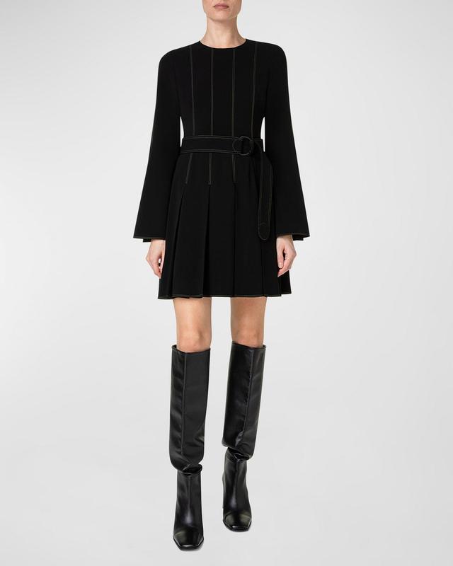 Akris punto Topstitch Pleated Bell Long Sleeve Crepe Dress Product Image