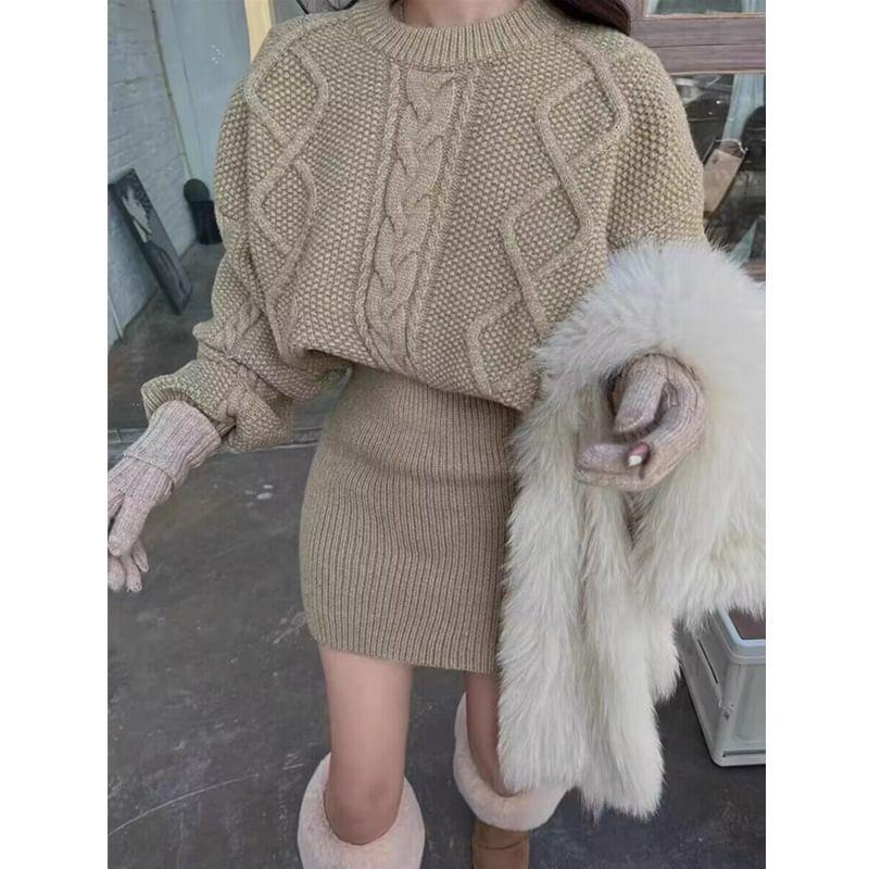 Long-Sleeve Crew Neck Plain Mini Cable Knit Sweater Dress Product Image