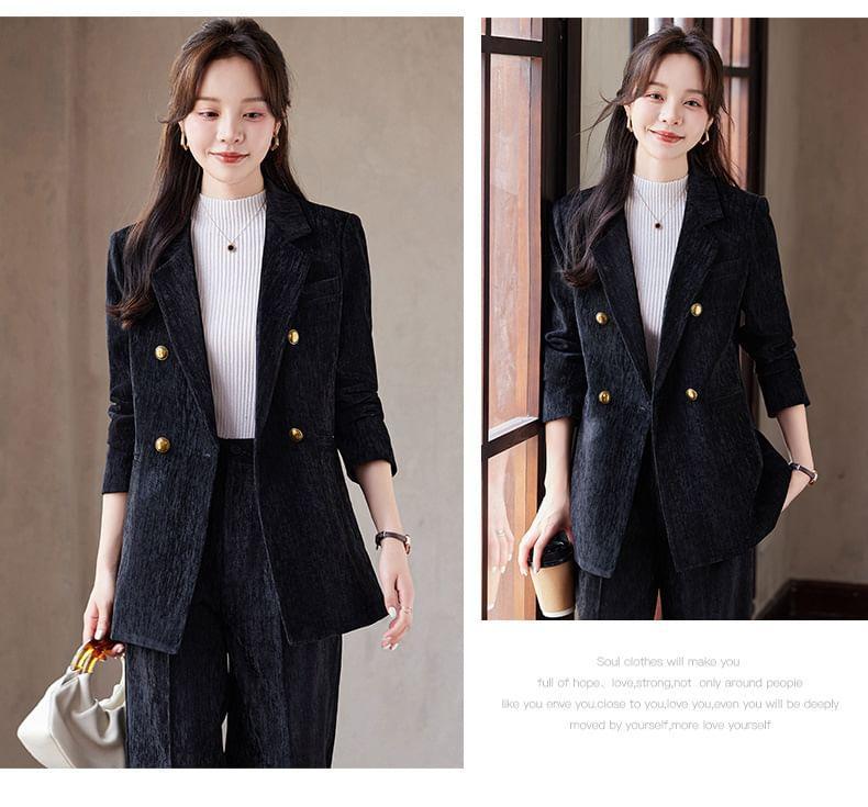 Lapel Collar Plain Double Breasted Blazer / Mid Rise Plain Wide Leg Fit Dress Pants / Set Product Image