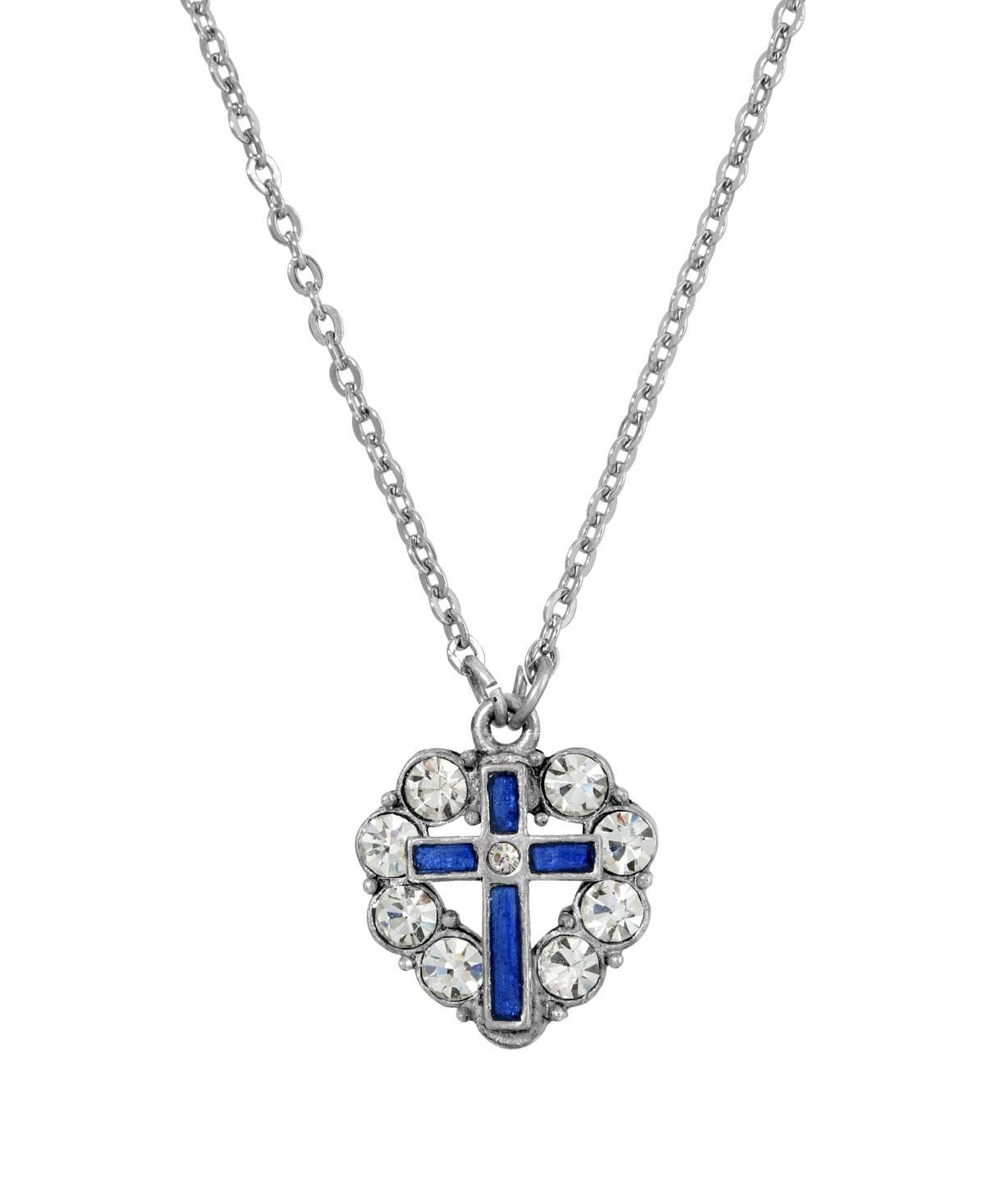 Symbols of Faith Silver-Tone Enamel Heart Cross Necklace, Womens, Blue Product Image