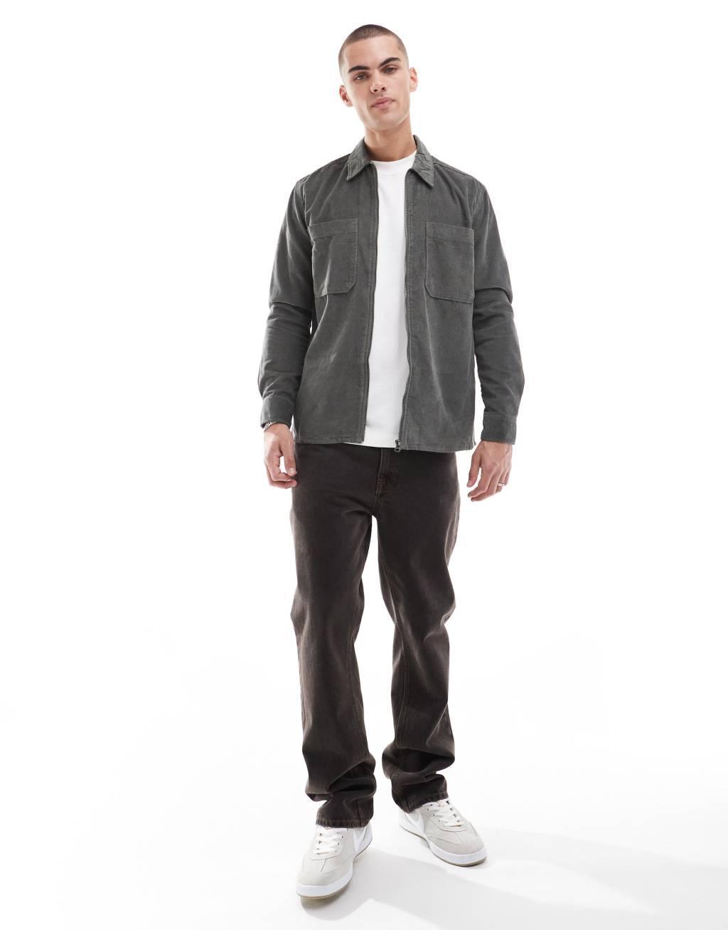 ONLY & SONS zip up cord overshirt in dark khaki Product Image