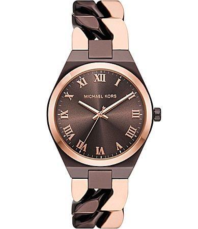 Michael Kors Womens Lennox Three-Hand Brown Two-Tone Stainless Steel Bracelet Watch Product Image