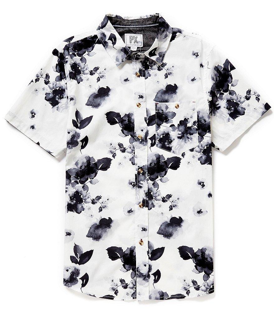 PX Clothing Short-Sleeve Watercolor-Floral-Printed Peached Poplin Shirt product image