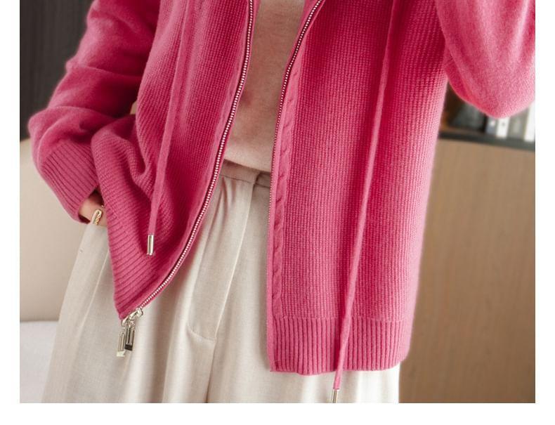 Drawstring Ribbed Hooded Zip Cardigan Product Image