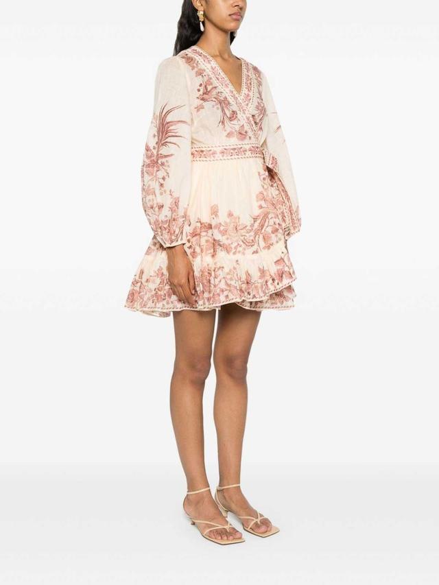 ZIMMERMANN Botanical Print Mini Dress With Wrap Design In Beis Product Image