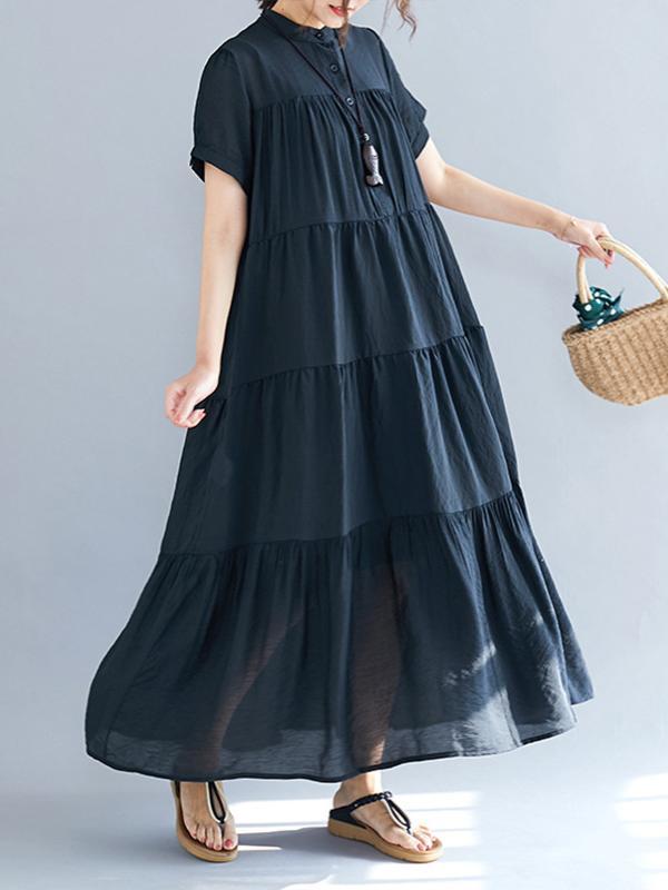 Vintage Loose Split-Joint Pleated Short Sleeves Round-Neck Midi Dress Product Image