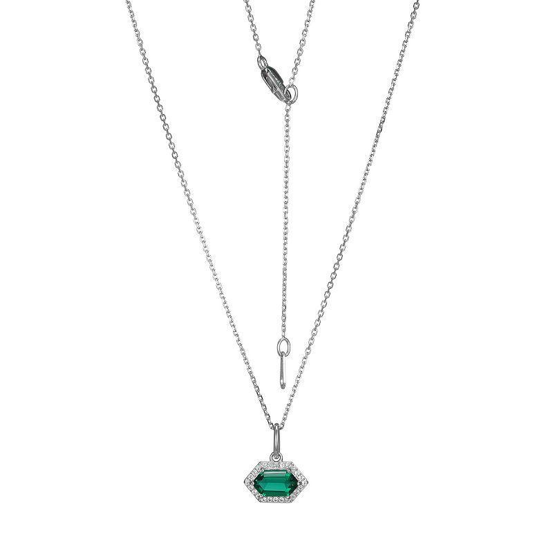 Rhodium-Plated Sterling Silver Lab-Created Emerald With Lab-Created White Sapphire Halo Pendant Necklace, Womens Product Image