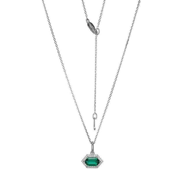 Rhodium-Plated Sterling Silver Lab-Created Emerald With Lab-Created White Sapphire Halo Pendant Necklace, Womens Green Product Image