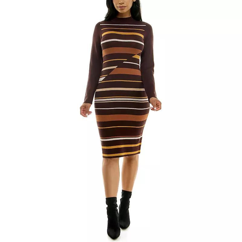 Womens Nina Leonard Ribbed Stripe Sweater Dress Grey Product Image