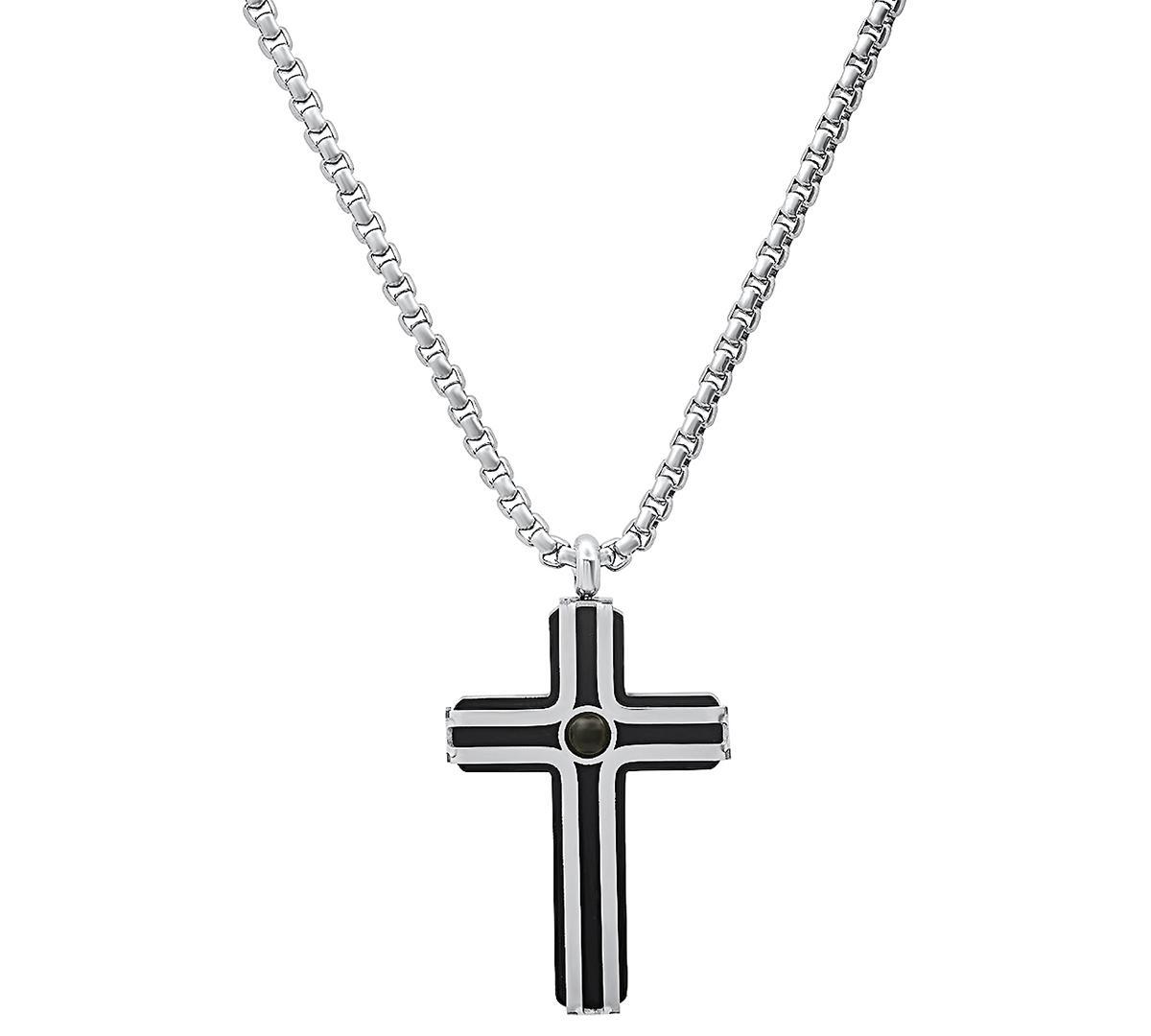 Steeltime Mens Silver-Tone Beaded Cross Pendant Necklace, 24 - Black Product Image