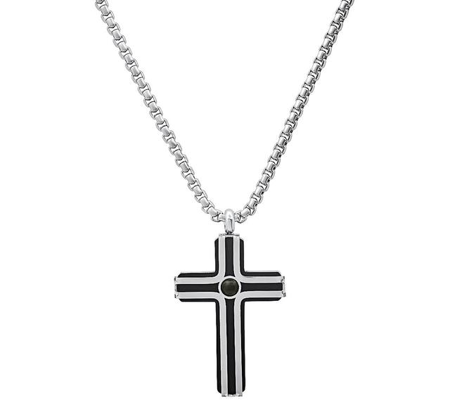 Steeltime Mens Silver-Tone Beaded Cross Pendant Necklace, 24 - Black Product Image