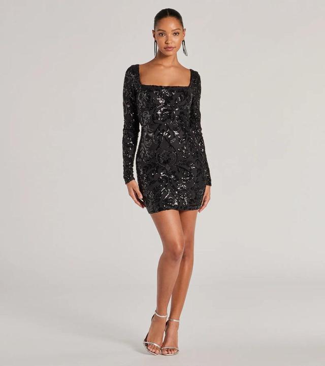 Janine Lace-Up Long Sleeve Bodycon Sequin Mini Dress Product Image