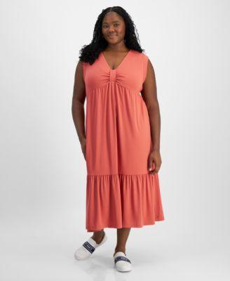 Plus Size Solid Tiered Sleeveless Midi Dress Product Image