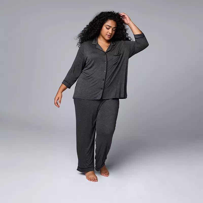 Plus Size Womens Simply Vera Vera Wang Basic Luxury Notch Pajama Set Grey Heather Product Image