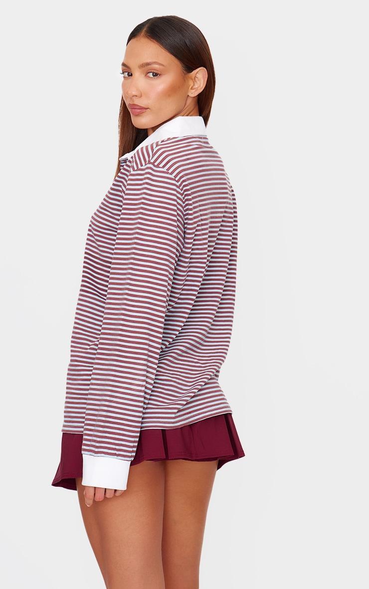 Burgundy Striped Collared Oversized Long Sleeve T Shirt Product Image