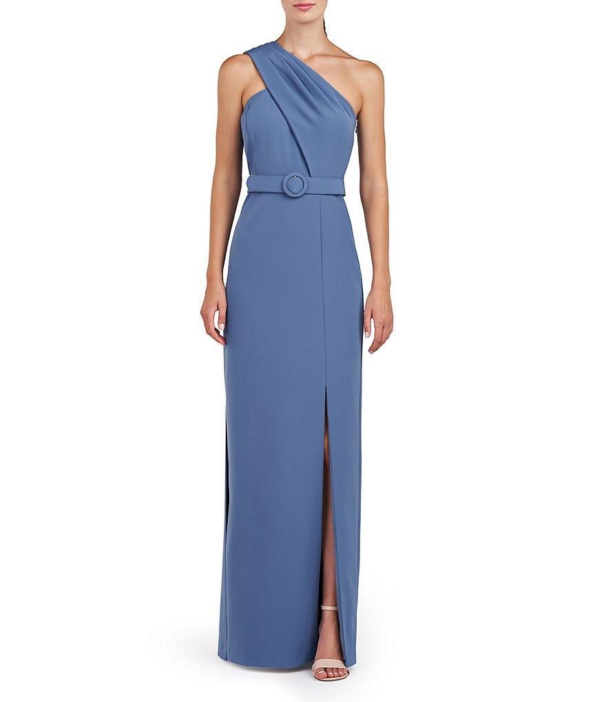 Kay Unger Stretch Crepe One Shoulder Pleated Back Belted Gown Product Image