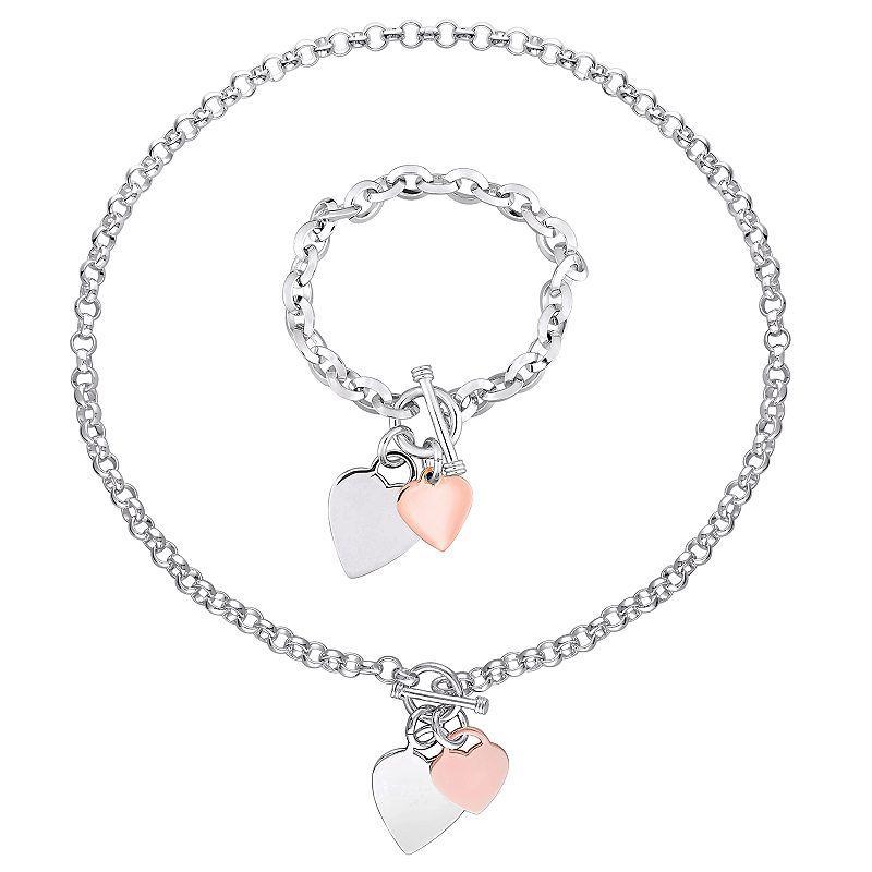 Stella Grace Two Tone Sterling Silver Heart Charm Bracelet & Necklace Set, Womens Product Image