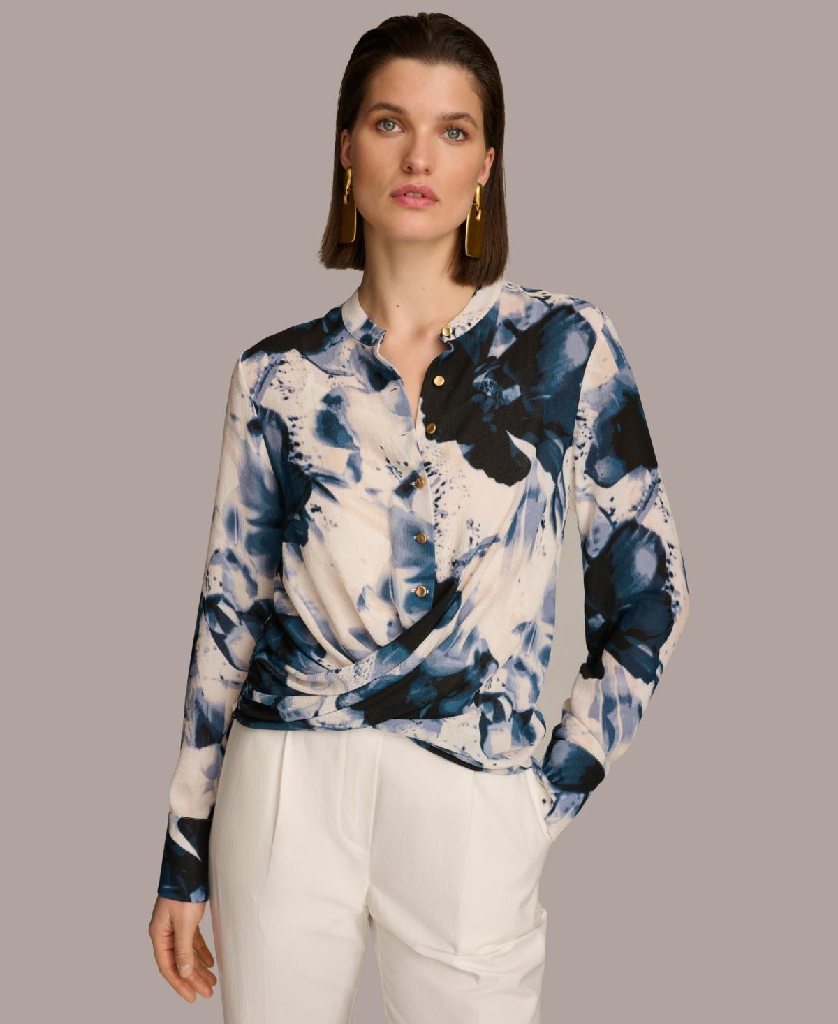 Donna Karan Womens Printed Faux-Wrap Long-Sleeve Top - Tide Product Image