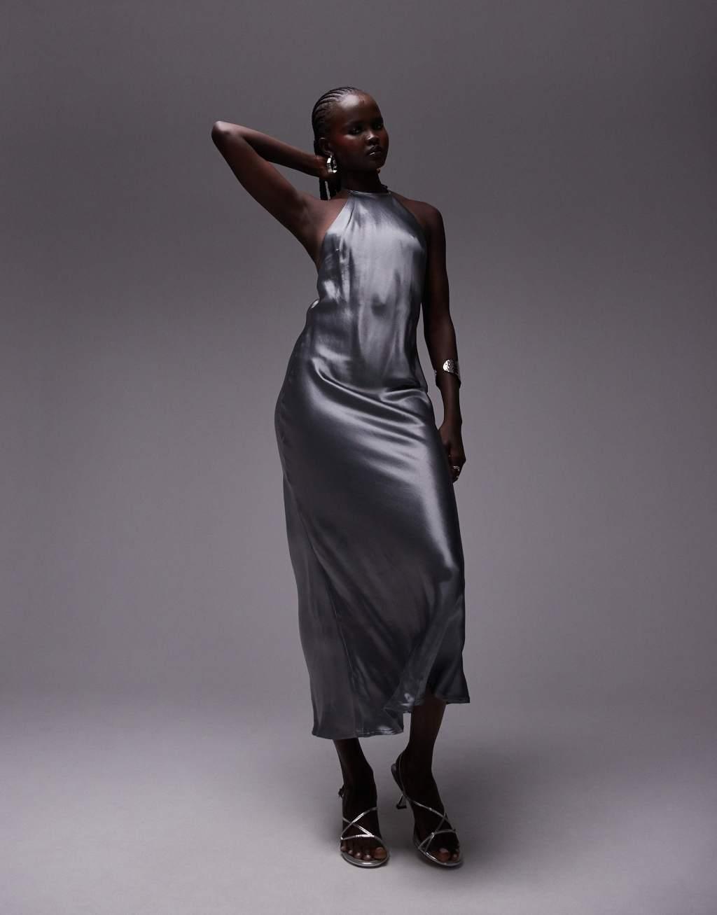 Topshop halter neck maxi dress in gray Product Image