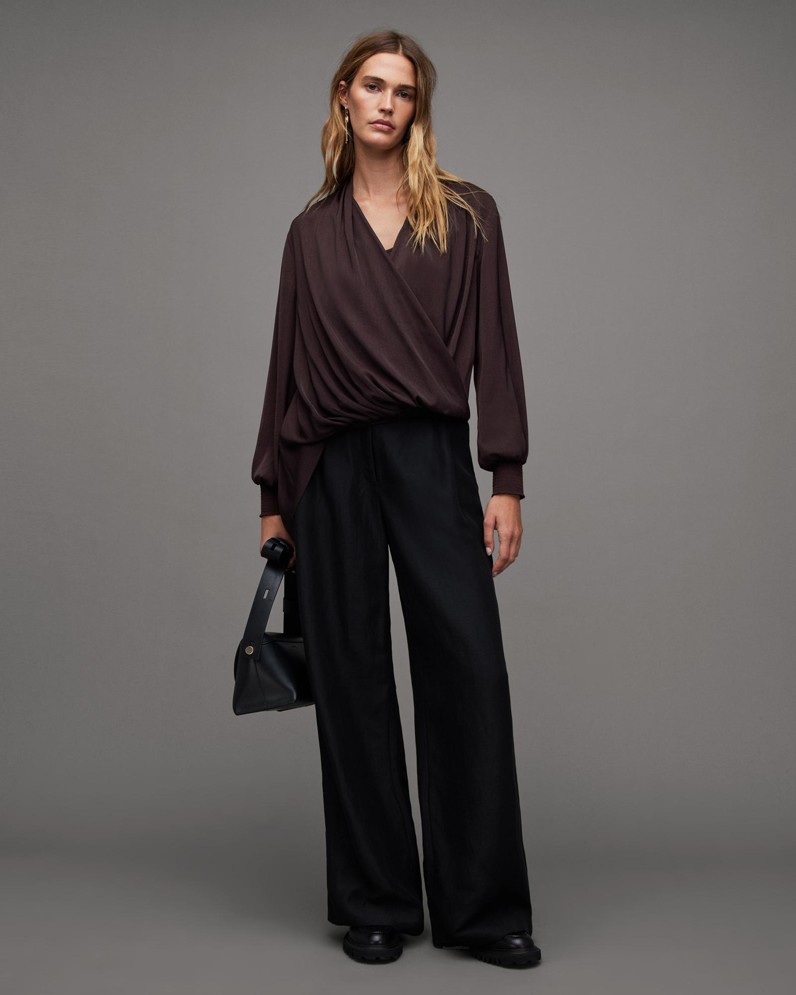 AllSaints Abi Long Sleeve Draped Wrap Over Top Product Image