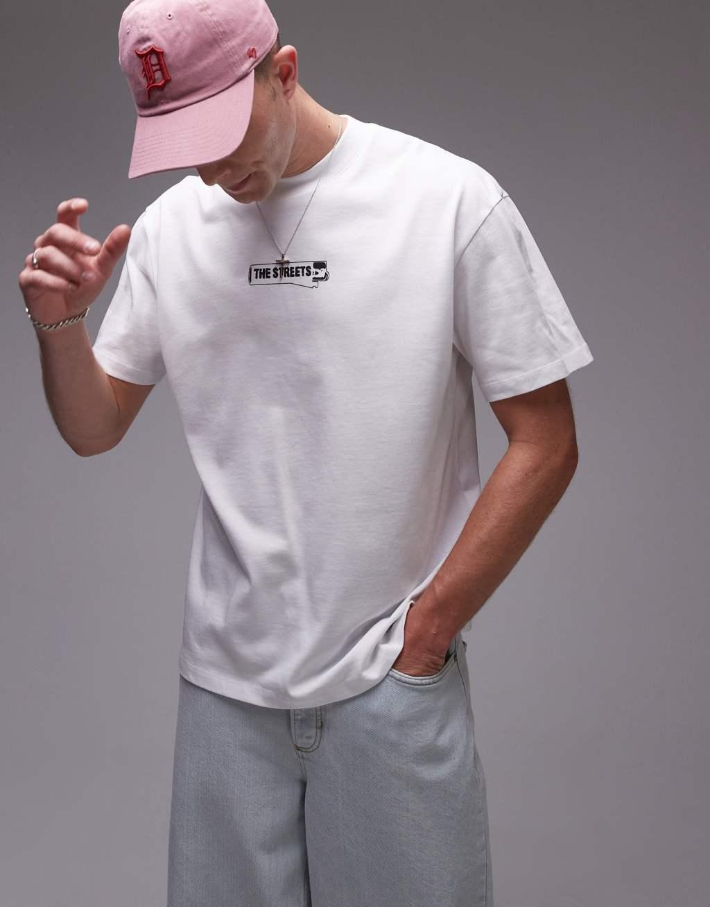 Topman The Streets premium oversized fit t-shirt with front and back print in white Product Image