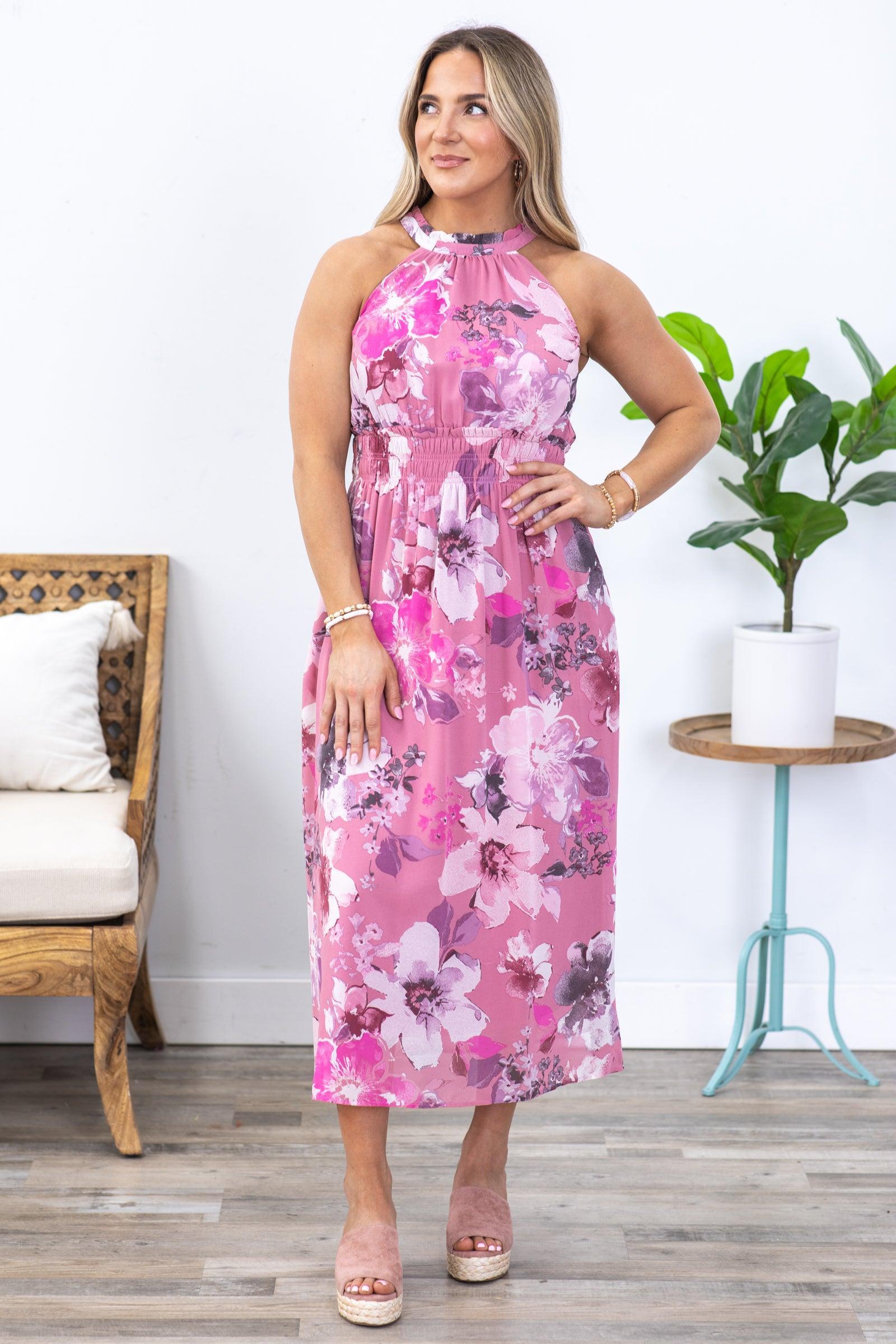 Dusty Pink Floral Chiffon Halter Maxi Dress Product Image