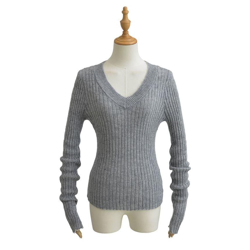 V-Neck Plain Ribbed Knitted Sweater Product Image