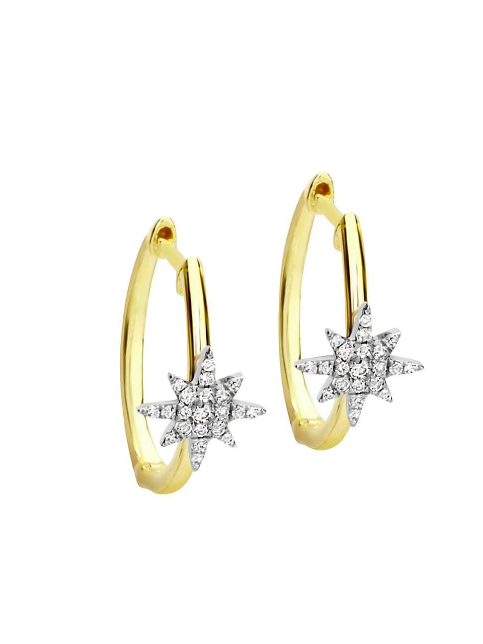 Womens 14K Yellow Gold & Diamond Starburst Hoop Earrings Product Image