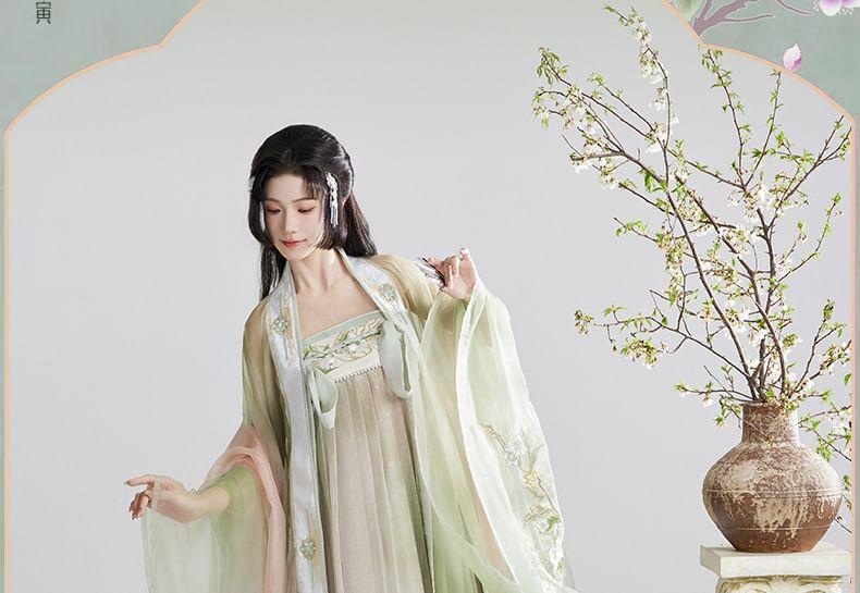 Set: Floral Hanfu Long Jacket + Strapless Floral Maxi Dress + Scarf Product Image