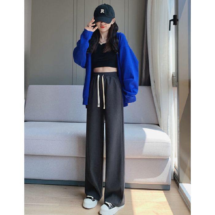 Drawstring Waist Plain Wide Leg Pants Product Image