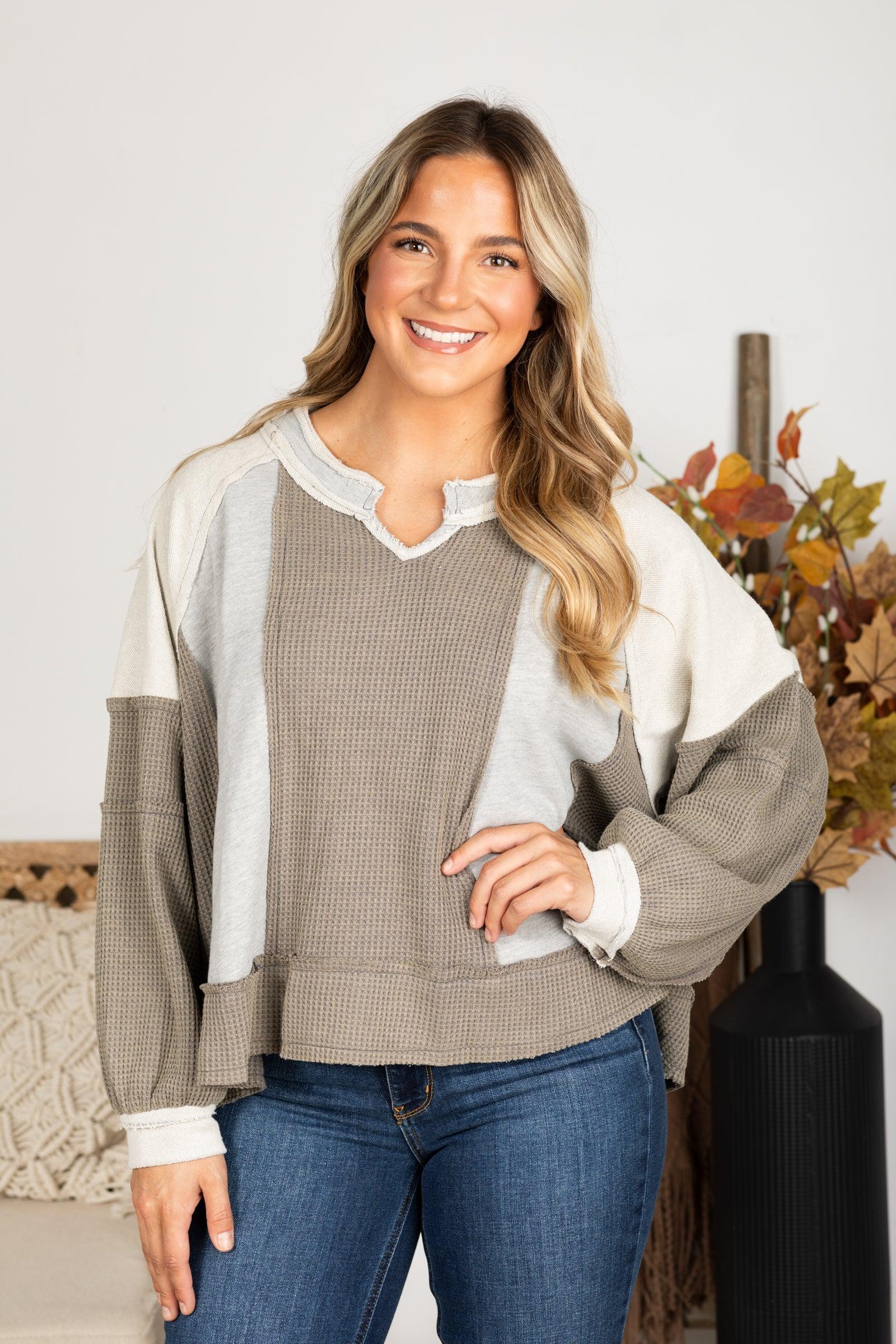 Notched Neck Contrast Fabric Knit Top Product Image