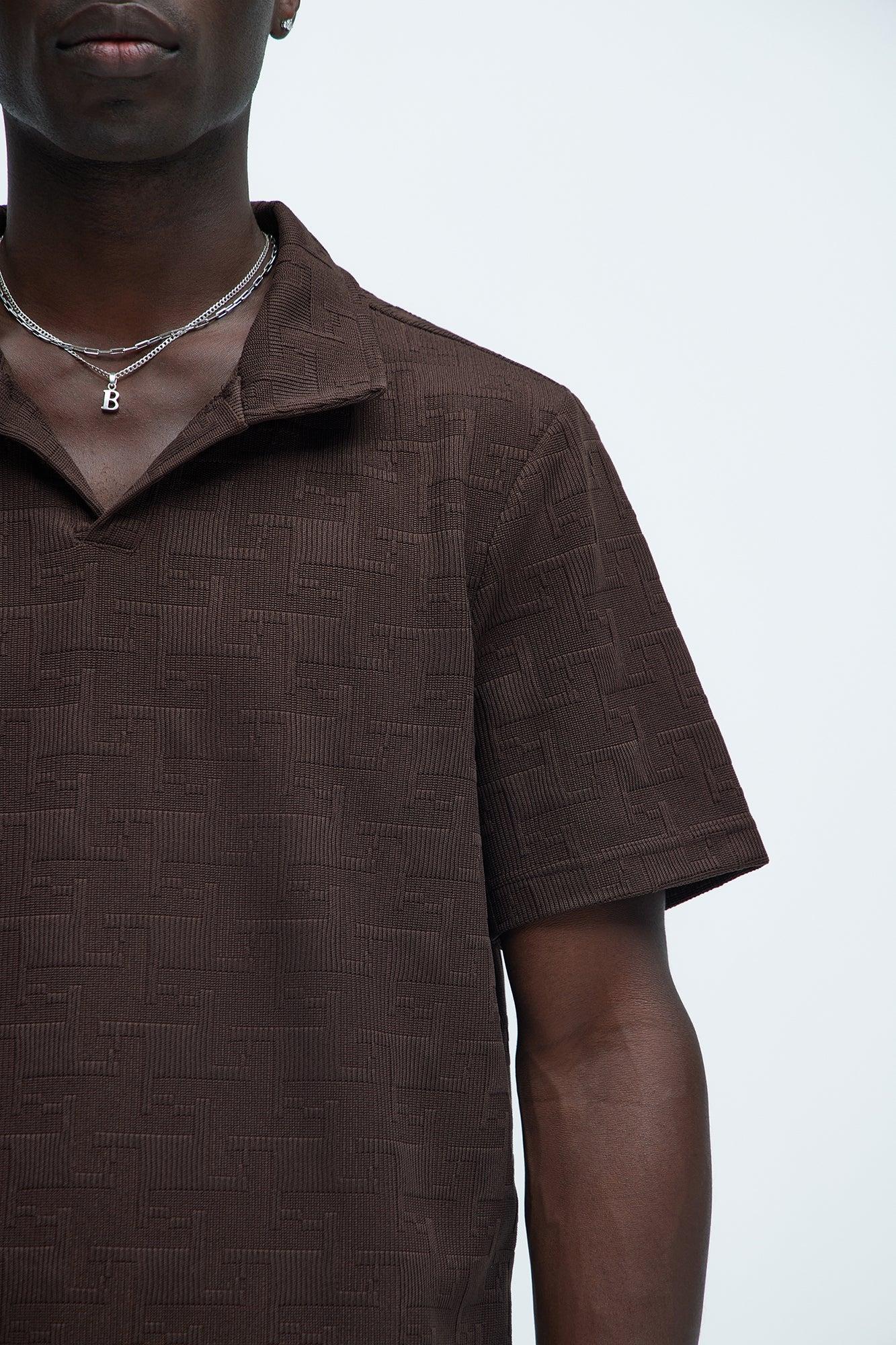 Ethel Textured Knit Johnny Collar Shirt - Brown Product Image